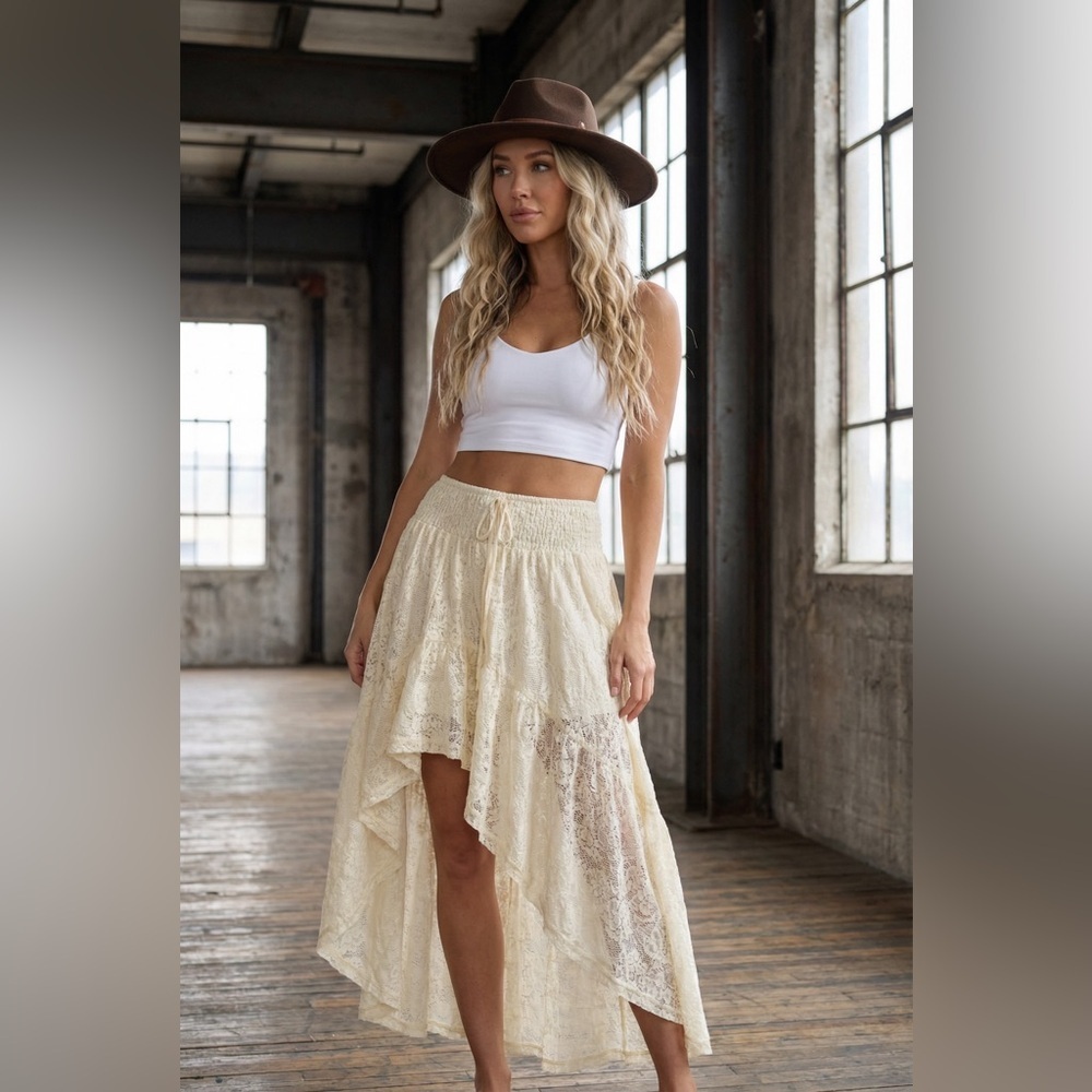 Promesa Sheer Floral Lace Asymmetrical High Low Ruffle Hem Maxi Skirt - Picture 2 of 9